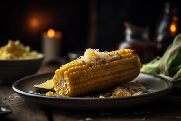 Zdjęcie płytka kukurydzy z miską czosnku na boku