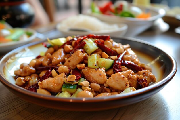 Płytka kurczaka Kung Pao słynna specjalność w stylu Sichuan popularna zarówno wśród Chińczyków, jak i obcokrajowców Głównymi składnikami są kurczak w kostkach, suszony ogórek chili i smażone orzeszki ziemne lub cashew