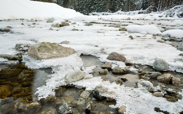 Płytka leśna rzeka pokryta kryształowym śniegiem i warstwą lodu zimą, białe plamy na kamieniach, zdjęcie z długim czasem naświetlania.