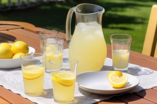 Płytka letniej limonady z dzbanem i kieliszkami na stole stworzona za pomocą generatywnego ai
