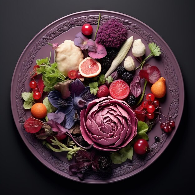 Płytka na okrągłym talerzu ozdobiona warzywami a obraz generowany fotorealistycznie