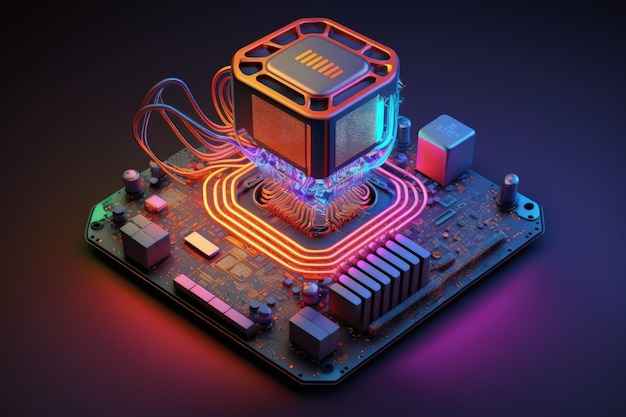 Płytka obwodowa z procesorem w kolorach neonowych Generatywna sztuczna inteligencja