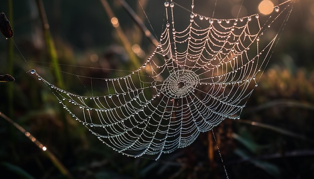 Płytka pająka uchwyca kropli rosy w zbliżeniu zdjęcie przyrody generowane przez sztuczną inteligencję
