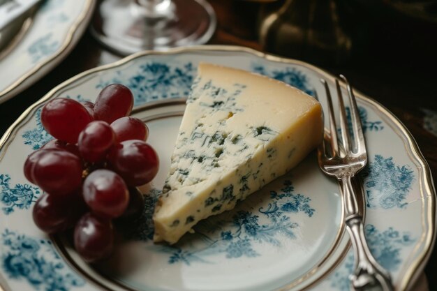Zdjęcie płytka przedstawiająca kawałek sera i gromadę winogron porządnie ułożonych płyta z kawałkiem angielskiego seru złotego stilton ai generowany