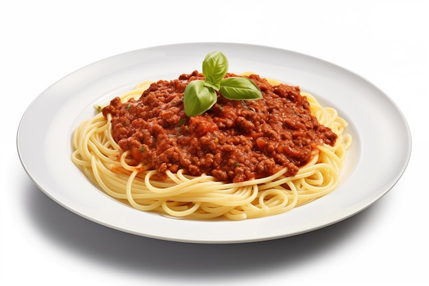 Płytka spaghetti Bolognese z bazylią na białym tle