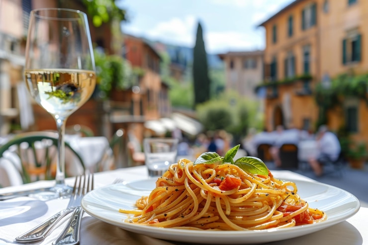 Zdjęcie płytka spaghetti na przytulnym tarasie toskańskiej restauracji z kieliszkiem wina i widokiem na ulice generatywna sztuczna inteligencja