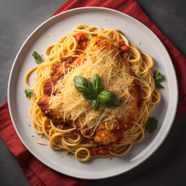 Płytka spaghetti z bazylią na wierzchu