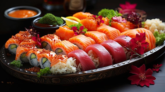 Płytka sushi i warzyw z sosami