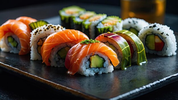 Płytka sushi z mieszanką klasycznych i nowoczesnych rolek