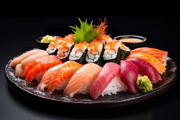 Płytka sushi z różnorodnymi nigiri sashimi i rolkami Generative Ai