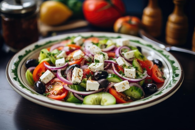 Zdjęcie płytka wypełniona żywym i odświeżającym asortymentem oliwek pomidorów ogórków i sera feta żywą grecką sałatkę z serem feta i oliwkami kalamata ai generated