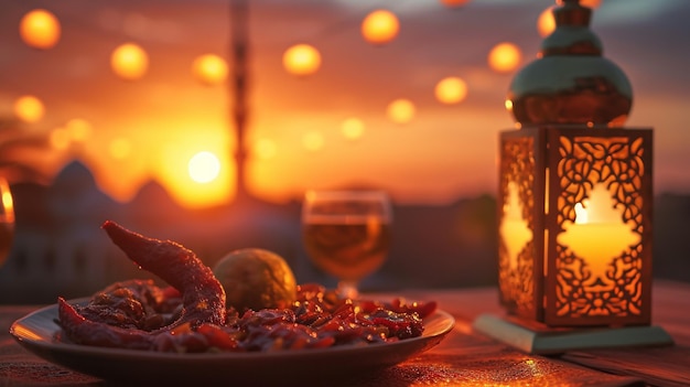 Zdjęcie płytka z jedzeniem stoi na stole obok latarni emitującej ciepły blask w przytulnym otoczeniu