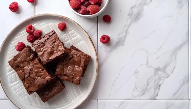 Zdjęcie płytka z kawałkami malinowego czekoladowego brownie na białym tle