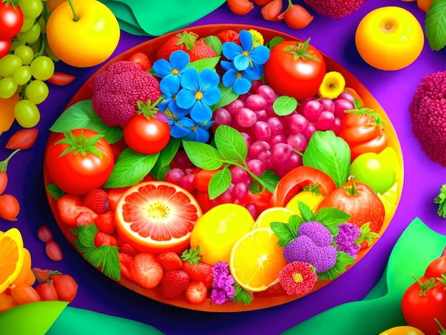 Zdjęcie płytka z owocami i kwiatami