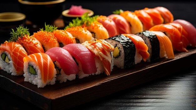Zdjęcie płytka z sushi sashimi i makijskimi rolkami