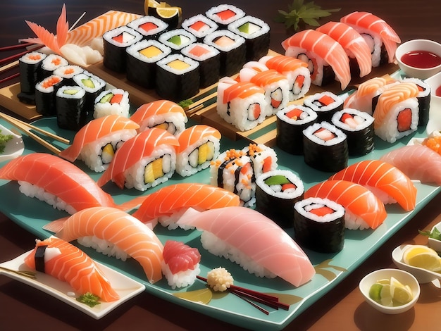 Płytka z sushi z asortymentem nigiri maki i sashimi