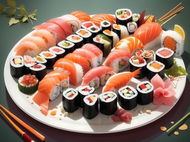 Płytka z sushi z asortymentem nigiri maki i sashimi