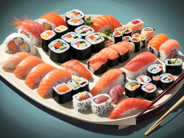 Płytka z sushi z asortymentem nigiri maki i sashimi