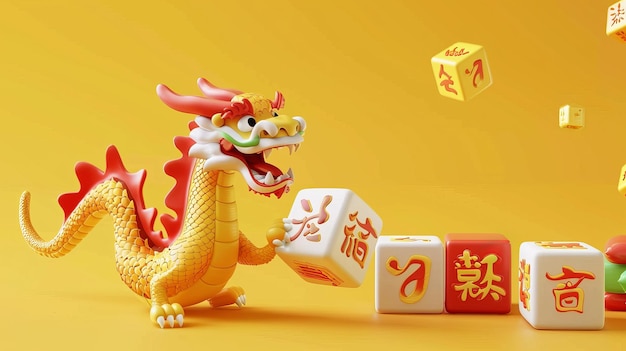 Płytki Mahjong z smokami odizolowanymi na żółtym tle Tłumaczenie tekstu Wygraj Zdobądź bogactwo