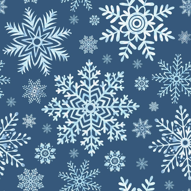 Płytki śniegu bezszwowy wzór ręcznie narysowany akwarelowy ilustracja gwiazdy lodowe na ciemno niebieskim