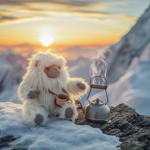 Zdjęcie płytkowe zwierzę siedzące na szczycie pokrytej śniegiem góry
