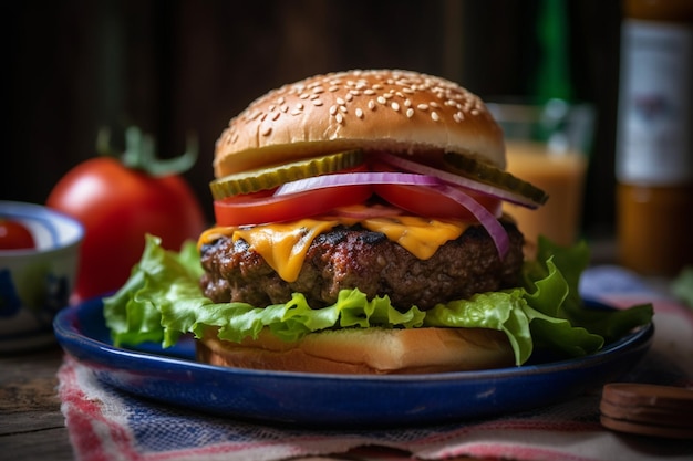 Płytkowy cheeseburger z sałatką, pomidorami, ogórkami i cebulą na wiejskim niebieskim stole piknikowym