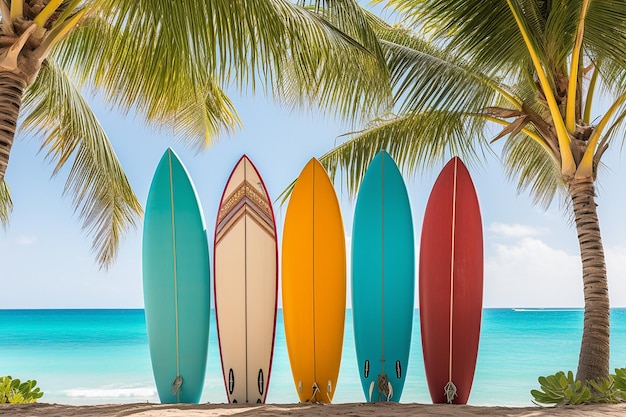 Płyty do surfowania opierające się o palmę