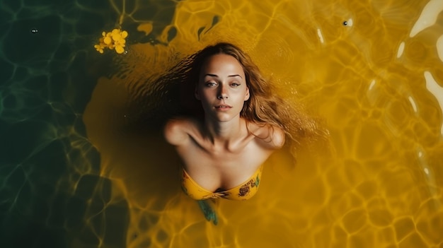 Pływa na niej piękna dziewczyna w żółtym stroju kąpielowym