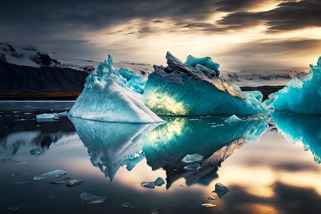Pływająca góra lodowa pochłaniająca ostatnie promienie zachodzącego słońca