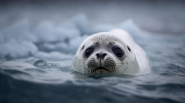 Pływająca w wodzie foka z napisem seal na przodzie.