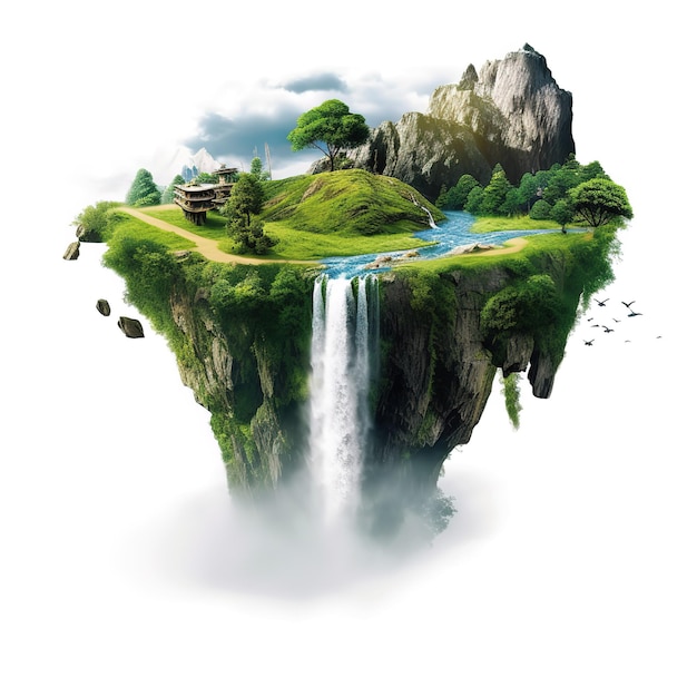 Pływająca wyspa leśna wyizolowana z chmur Fantasy wyspa z zielenią i rzeka z wodospadem