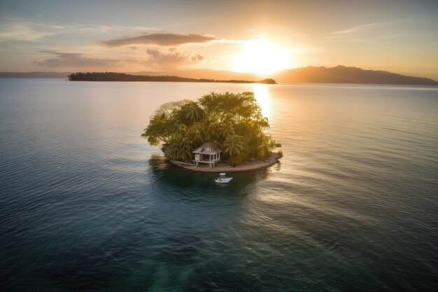 Pływająca wyspa otoczona falującymi falami i tropikalnymi zachodami słońca