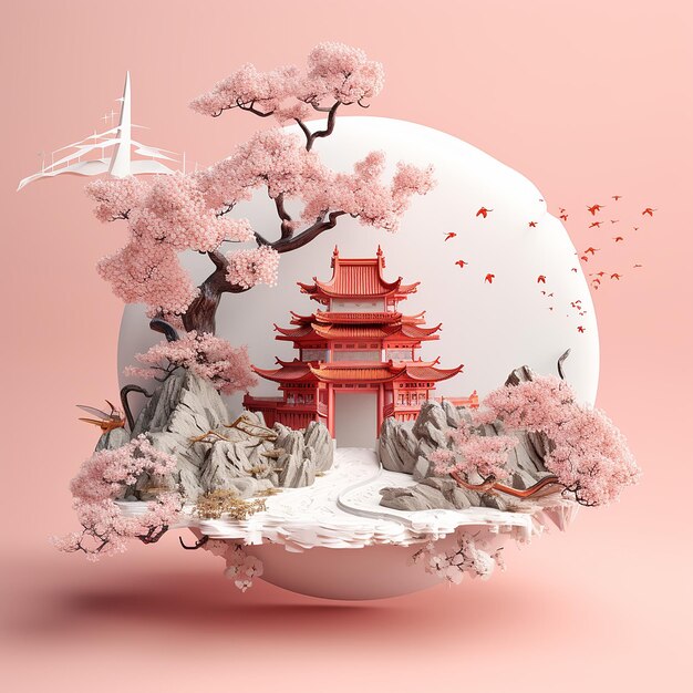 Pływająca wyspa z drzewem sakura
