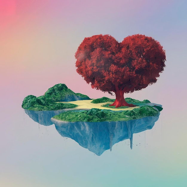 pływająca wyspa z drzewem w kolorze pastelowym i czerwonym w kształcie serca izolowana na białym tle dla koncepcji raju krajobrazu