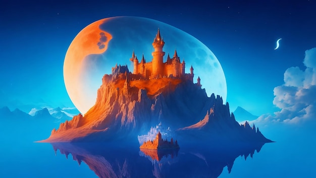 Pływająca wyspa zamek fantazji niebiesko-pomarańczowy