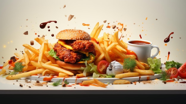 Pływające dania fast food izolowane na białym abstrakcyjnym tle Burger steak frytki kurczak pałeczki smażone kurczak hot dogy Abstrakcyjny projekt i maketa potraw fast food