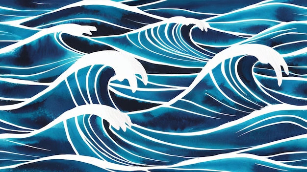 Pływające fale oceaniczne pomalowane w uderzających odcieniach niebieskiego Abstrakcyjne tło z dekoracyjnym wzorem fal morskich tekstura akwarelowa w azjatyckim motywie ilustracja AI