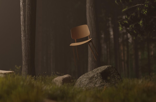 Zdjęcie pływające krzesło w porannej scenie natury 3d renderowane