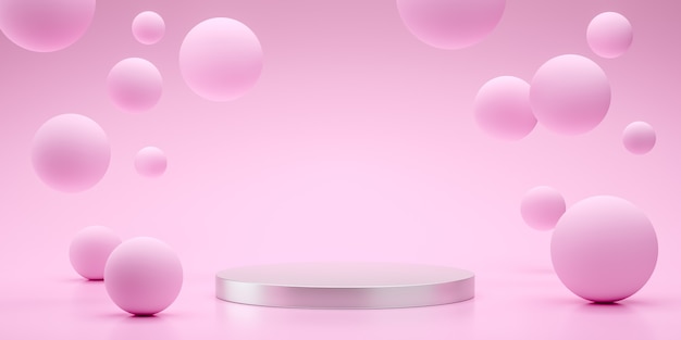 Pływające kule renderowania 3d puste miejsce na projekt produktu pokazują kolor różowy