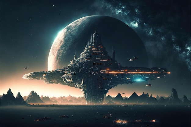 Pływające miasto science fiction fantasy w bezkresnej przestrzeni