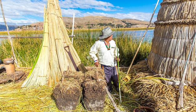 Pływające wyspy na jeziorze Titicaca Puno Peru Ameryka Południowa Dom kryty strzechą Gęsty korzeń, na którym rośliny Khili przeplatają się tworząc naturalną warstwę o grubości od jednego do dwóch metrów, która wspiera wyspy