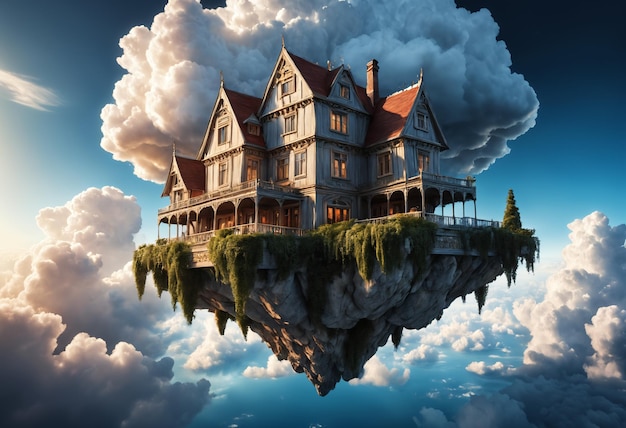 Zdjęcie pływający dom na niebie z chmurami generatywna sztuczna inteligencja