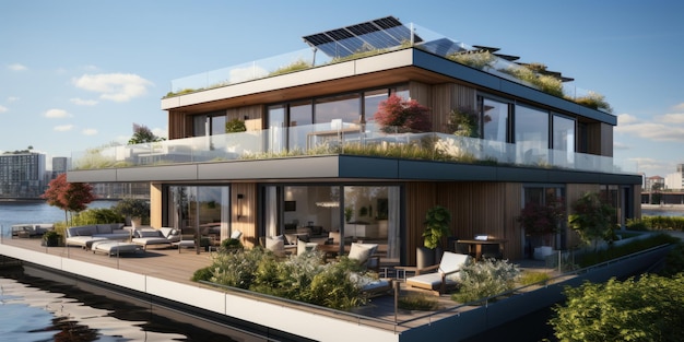 Pływający dom z panelem słonecznym na dachu Generative AI