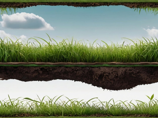 Zdjęcie pływający kawałek ziemi z zieloną trawą na powierzchni i odcinek gleby z izolowaną teksturą trawy latającej