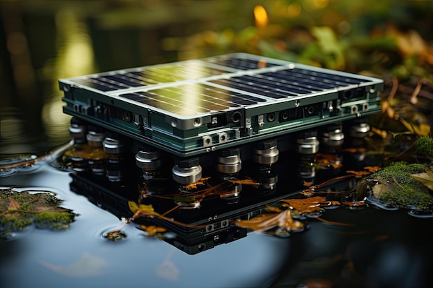 Pływający panel słoneczny generuje energię w spokojnym jeziorze generatywnym IA