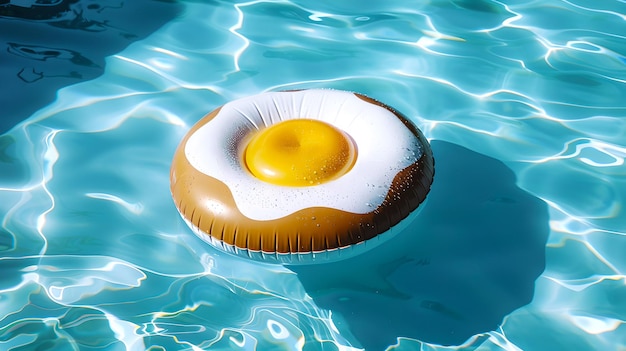 Pływający śniadanie nadmuchiwany pierścień basenowy w kształcie smażonego jajka Basks pod słońcem doskonałe przedstawienie letniej zabawy AI