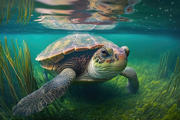 Pływający żółw z głową i kończynami zanurzonymi w wodzie stworzony za pomocą generatywnej sztucznej inteligencji