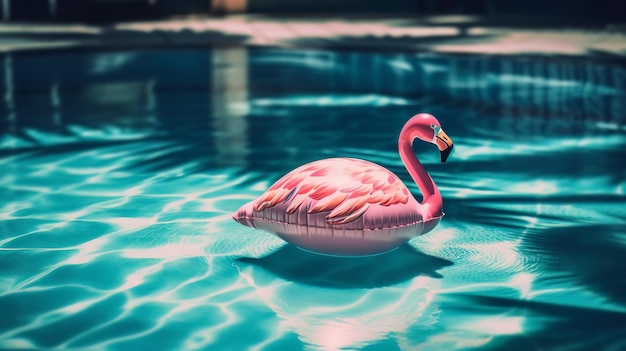 Pływak w różowym flamingu unoszący się w orzeźwiającym niebieskim basenie w tropikalnym kurorcie Ilustracja Generative AI