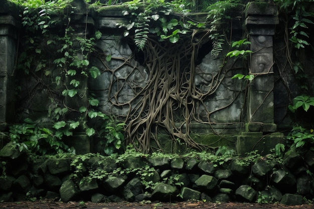 Pnącza dżungli opadające przed kamienną ścianą