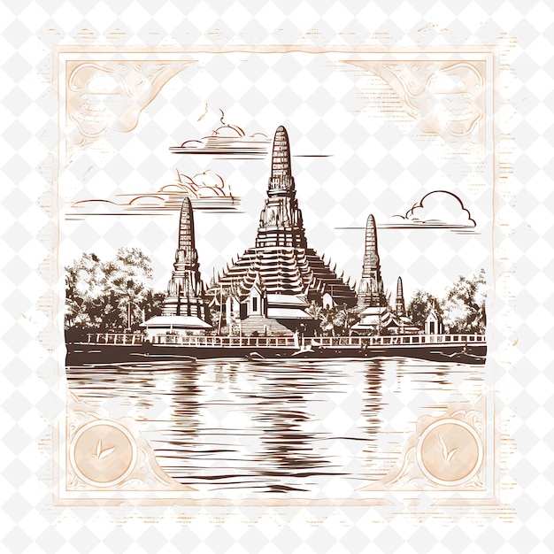 Png Bangkok Miasto Z Monochromatycznymi Kolorowymi Sienną Wat Arun i Tuk T ręcznie rysowane akwarelowe krajobrazy